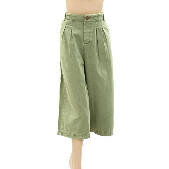 Free People Hard Rain Gaucho Pants Pleated Wide-Leg Green Cotton M-8 New 272802 - Picture 1 of 5